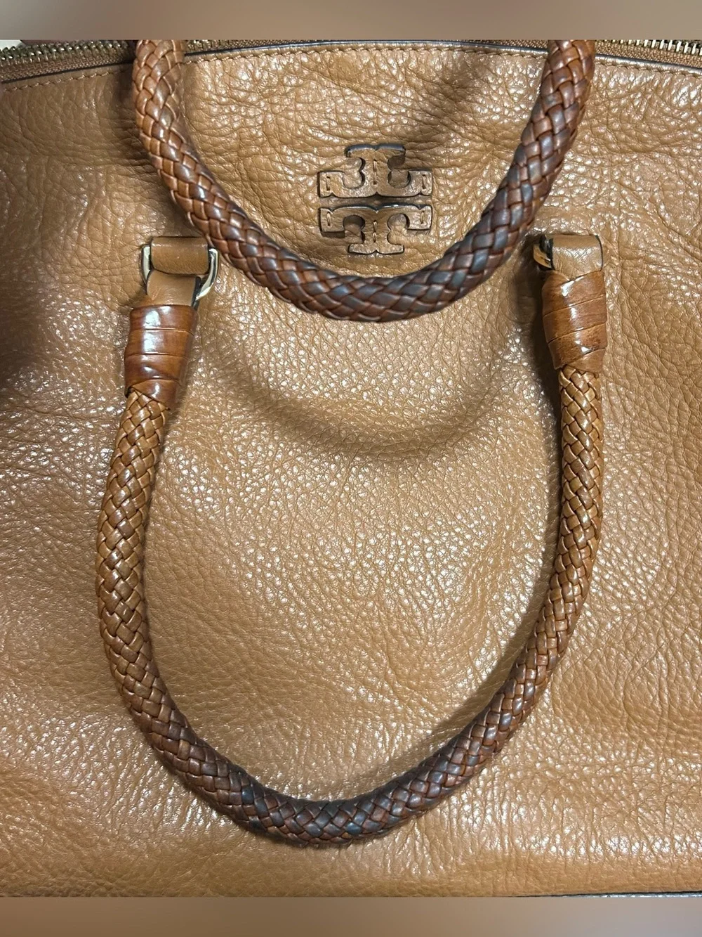 TORY BURCH Taylor Satchel Cognac Braided-Handle Leather Tote